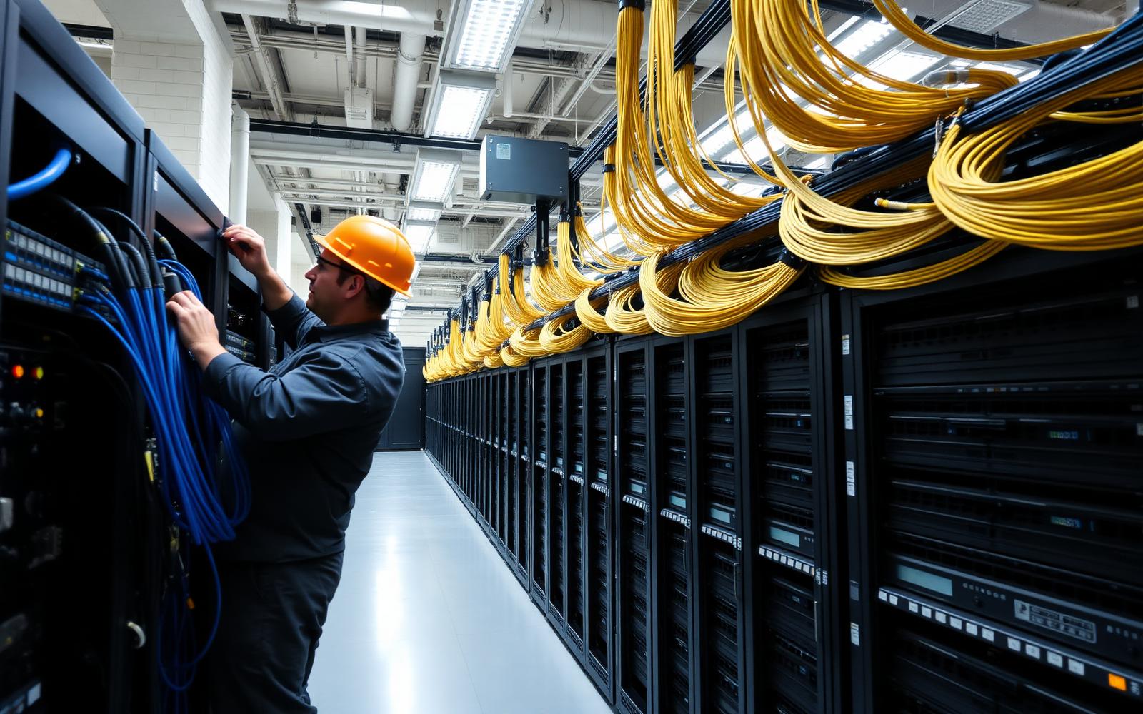 Technician terminating structured cabling into network racks inside an industrial facility