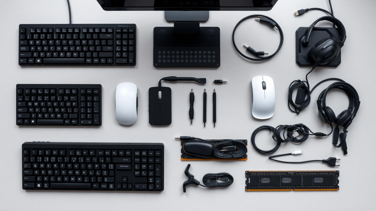 Keyboards, mice, docks, headsets and spare components laid out for supply