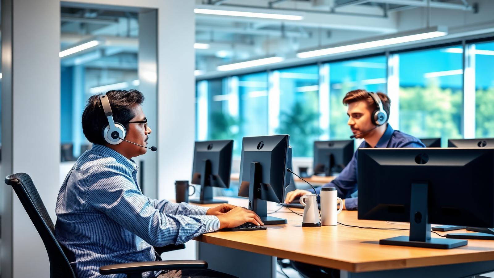 Service desk engineers supporting end users from a support floor
