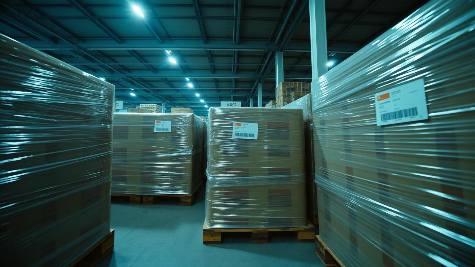 Sealed and labelled pallets in a bonded customs warehouse